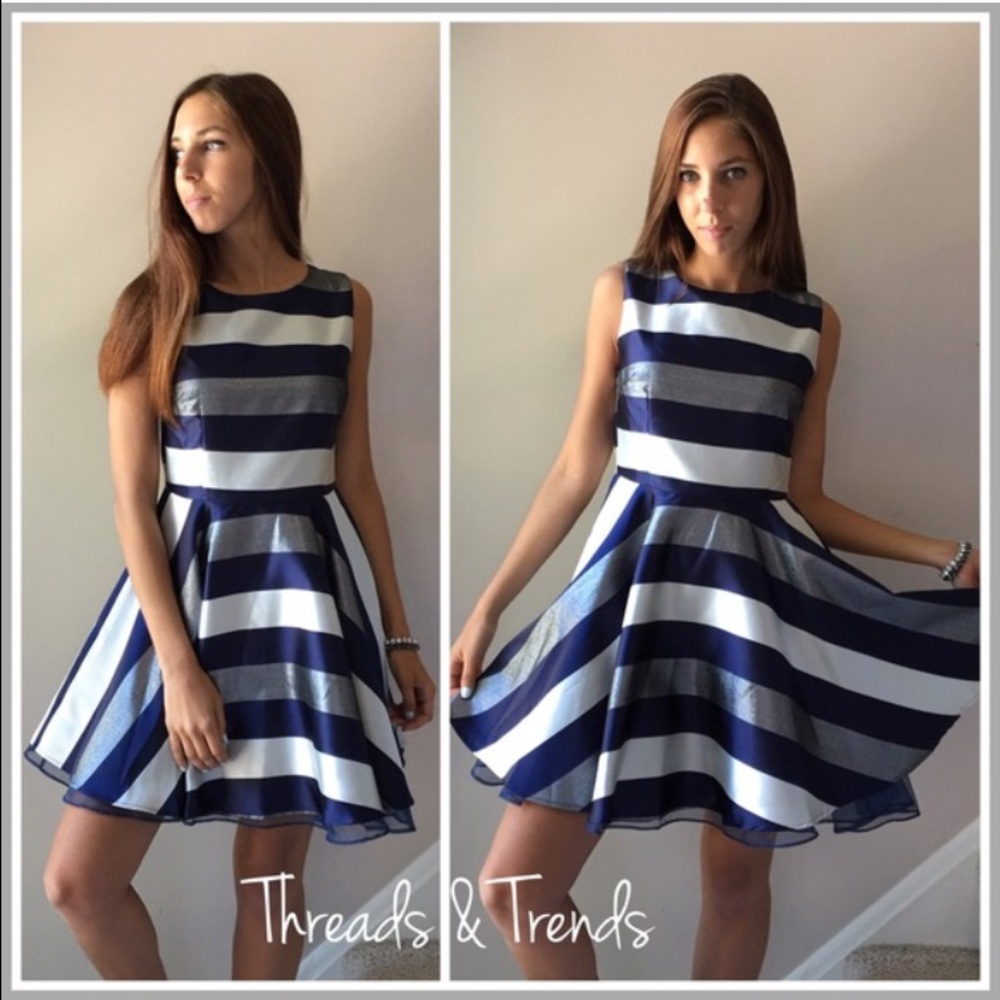 Blue silver and white stripe formal dress